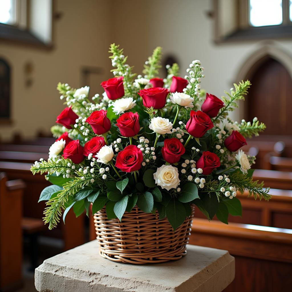 mẫu cắm hoa hồng và cẩm chướng nhà thờ ấm áp yêu thương