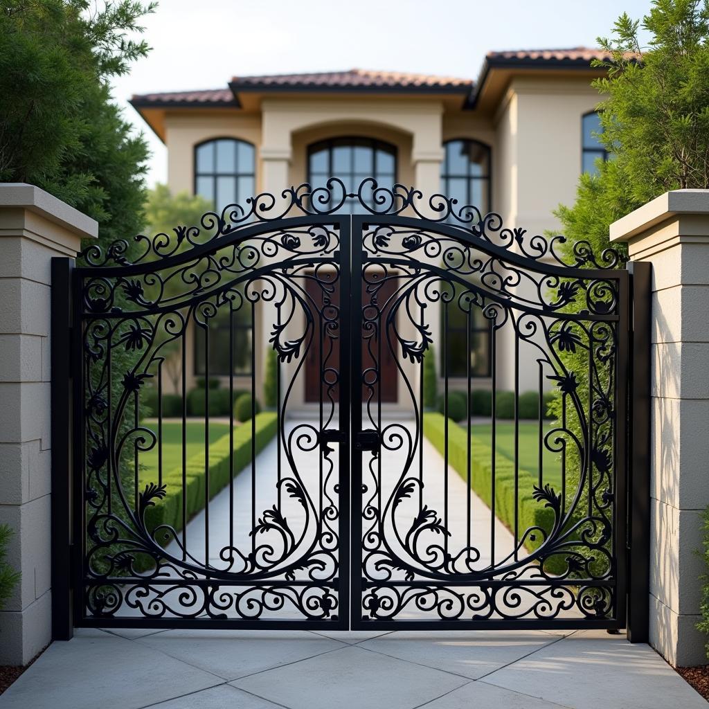 Mẫu cổng nhà 2 tầng sắt mỹ thuật hoa văn tinh xảo sang trọng