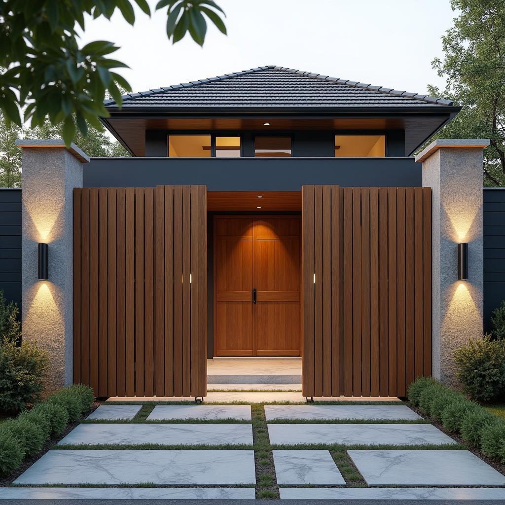 Mẫu cổng nhà cấp 4 bằng gỗ tự nhiên mang đến vẻ đẹp sang trọng và ấm cúng