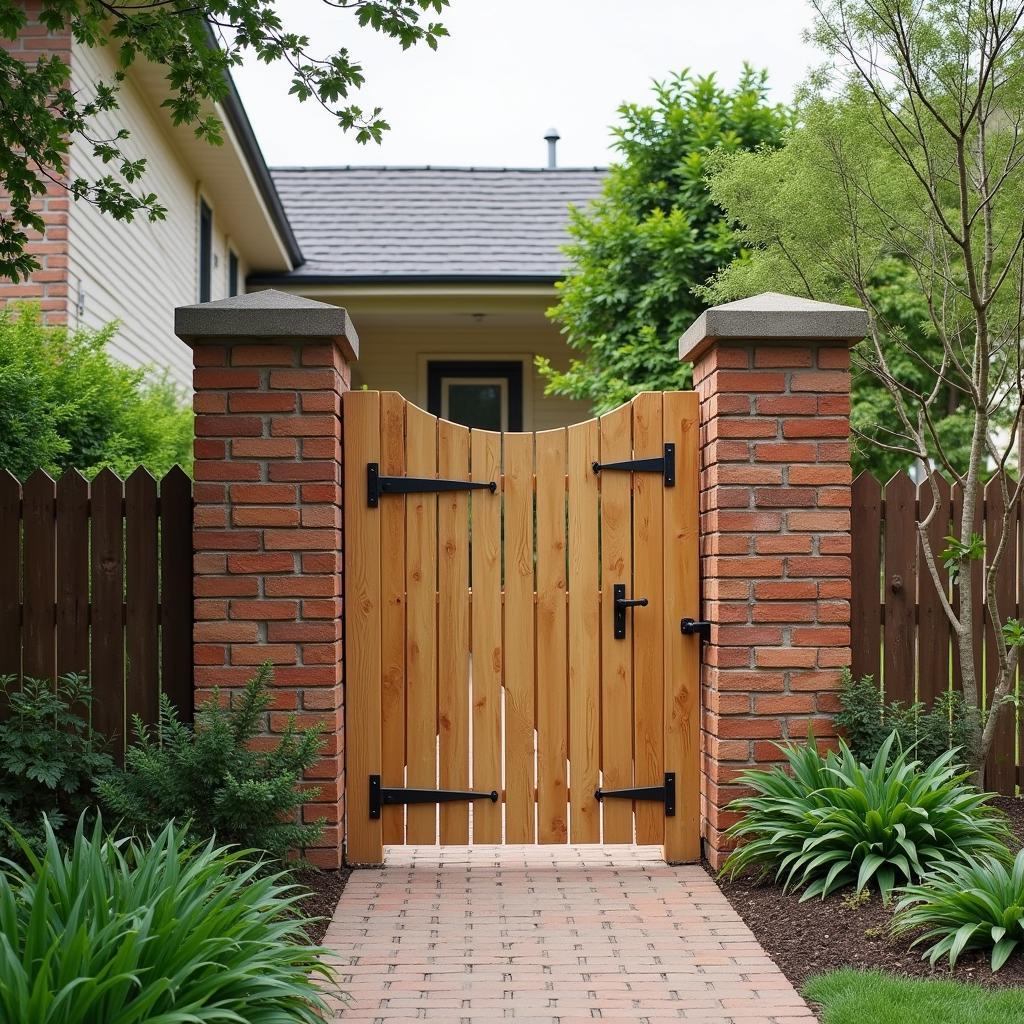 Mẫu cổng nhà cấp 4 gỗ tự nhiên trụ gạch mộc mạc