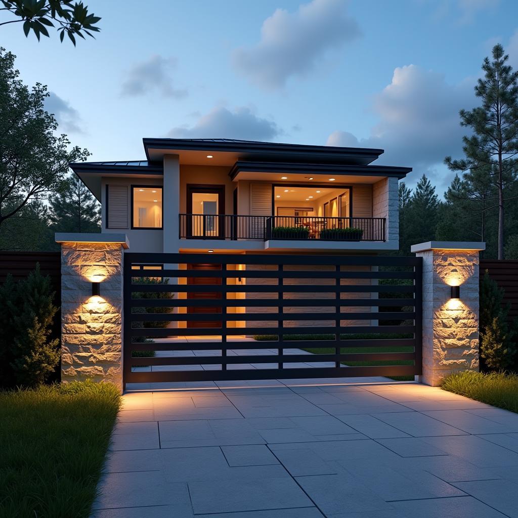 Mẫu cổng nhà cấp 4 hiện đại với hệ thống đèn chiếu sáng tăng tính thẩm mỹ