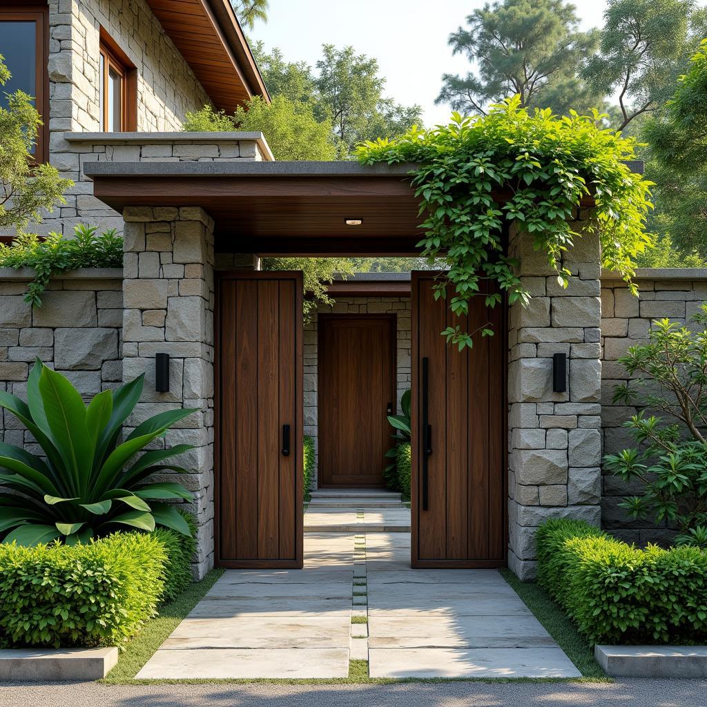 Mẫu cổng nhà cấp 4 kết hợp đá ong và cây xanh mang đến vẻ đẹp mộc mạc