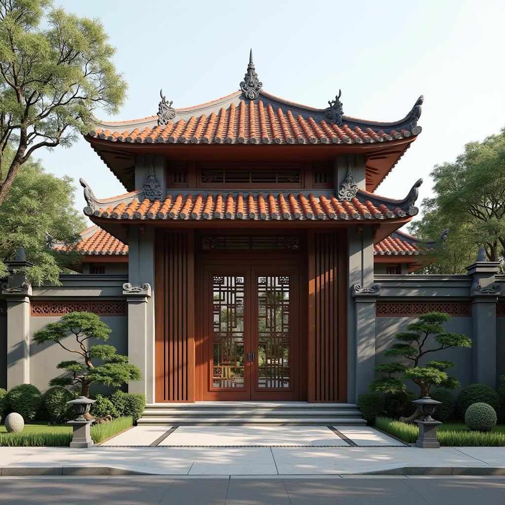 Mẫu cổng nhà cấp 4 mái ngói đỏ mang đậm nét truyền thống Việt Nam