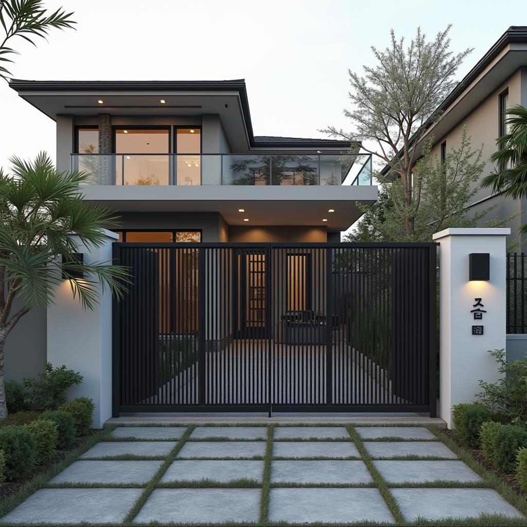 Mẫu cổng nhà cấp 4 bằng sắt hộp thiết kế đơn giản và hiện đại