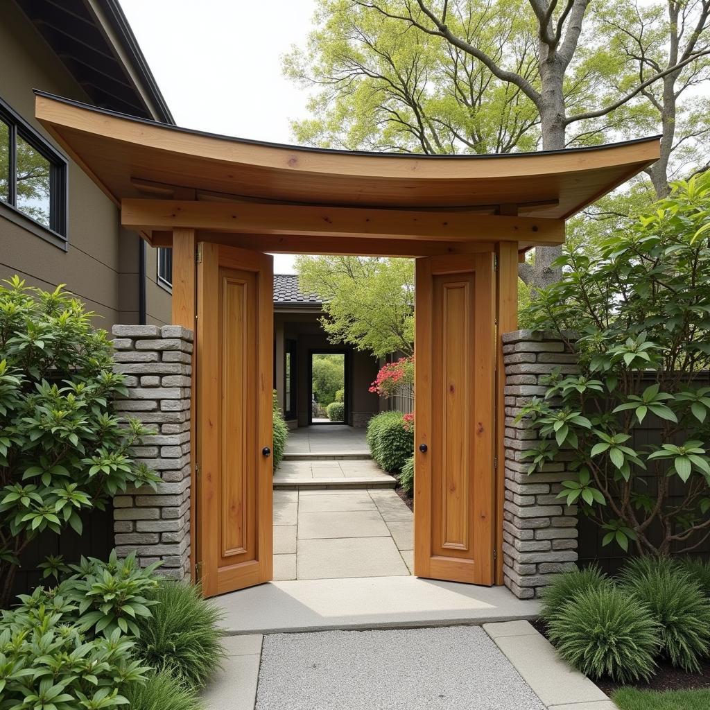 Mẫu cổng nhà mái Nhật gỗ tự nhiên mái vòm độc đáo