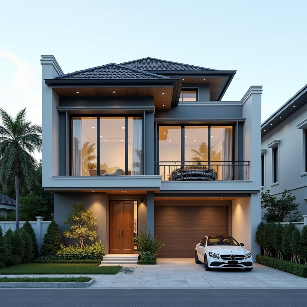 Mẫu nhà 2 tầng 1 tum mái thái hiện đại mặt tiền rộng thiết kế ấn tượng