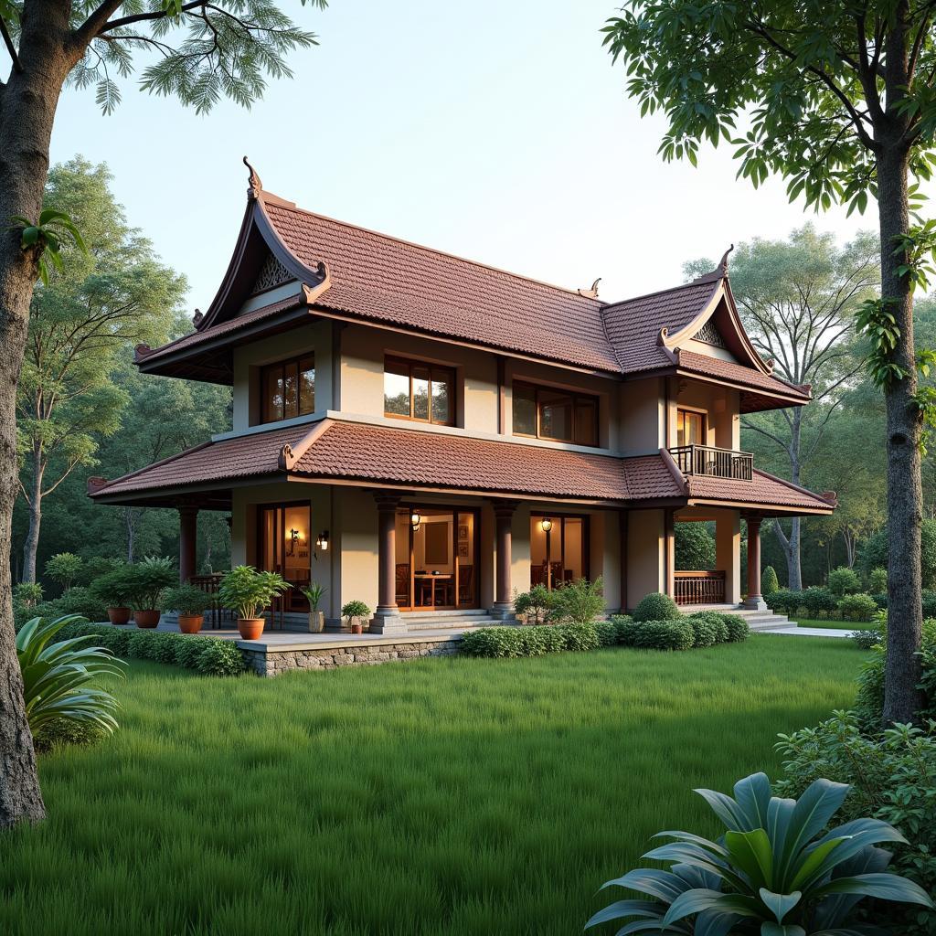 Mẫu nhà 2 tầng 1 tum mái thái nông thôn gần gũi yên bình không gian xanh