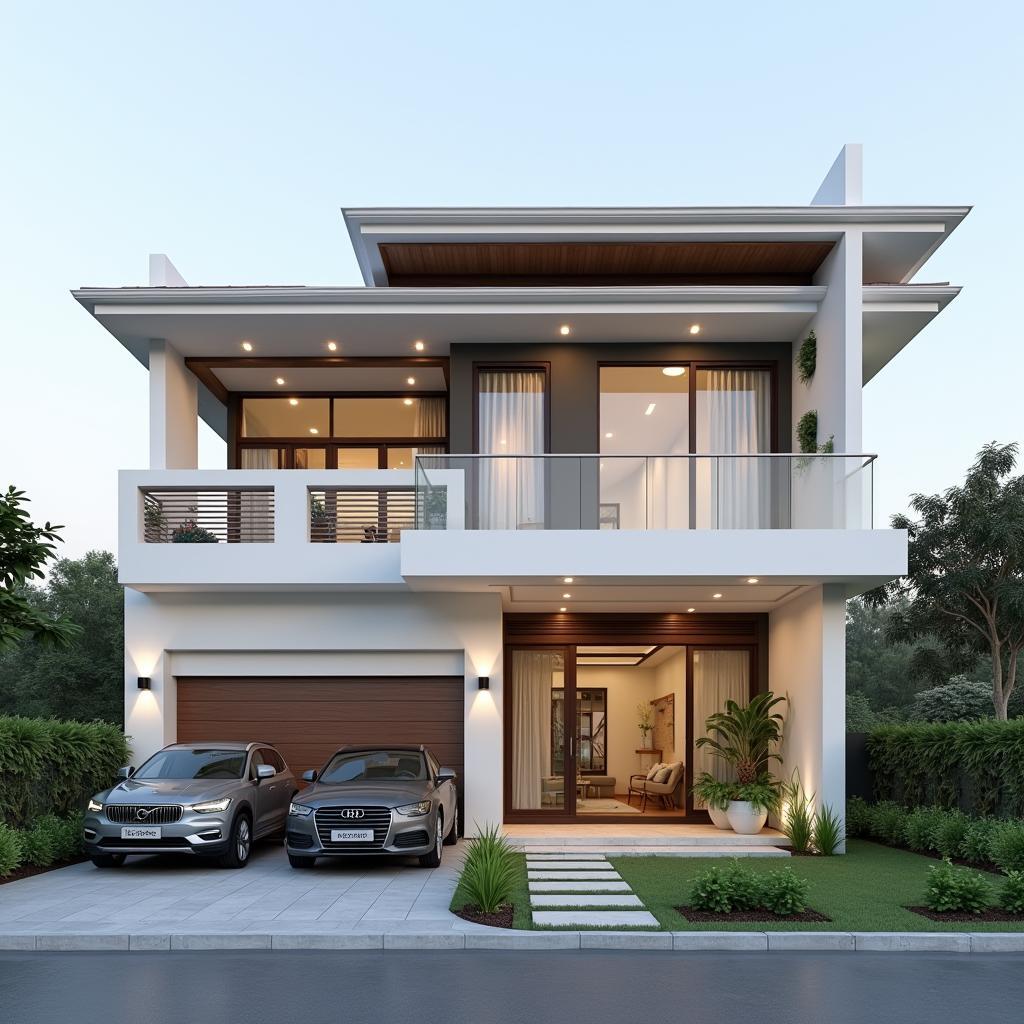 Mẫu nhà 2 tầng mái bằng mặt tiền 8m phong cách hiện đại với tông màu trắng chủ đạo và điểm nhấn là các chi tiết ốp gỗ và kính.