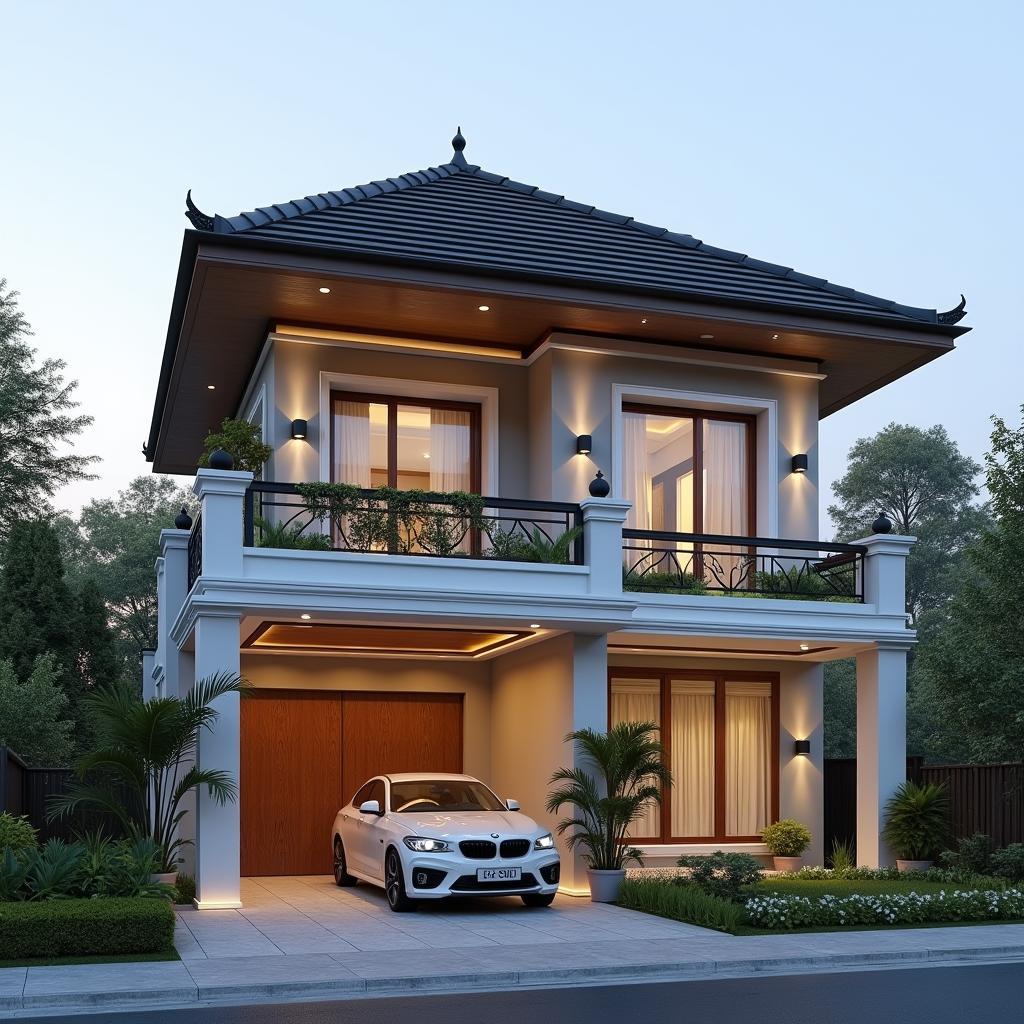 Mẫu nhà 2 tầng mái thái mặt tiền 8m đẹp, sang trọng với kiến trúc cân đối và màu sắc hài hòa.