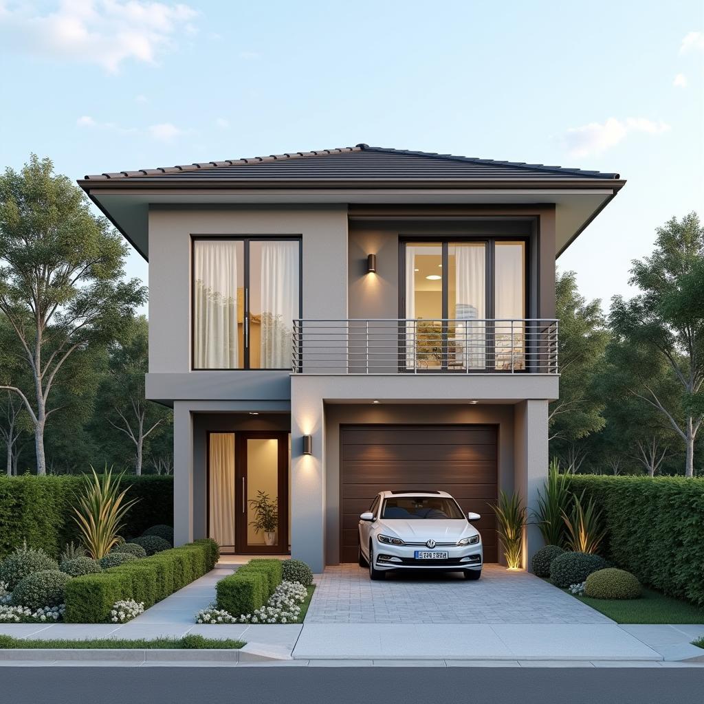 Mẫu nhà 2 tầng mặt tiền 8m có gara ô tô tiện lợi, phù hợp với gia đình có xe hơi.