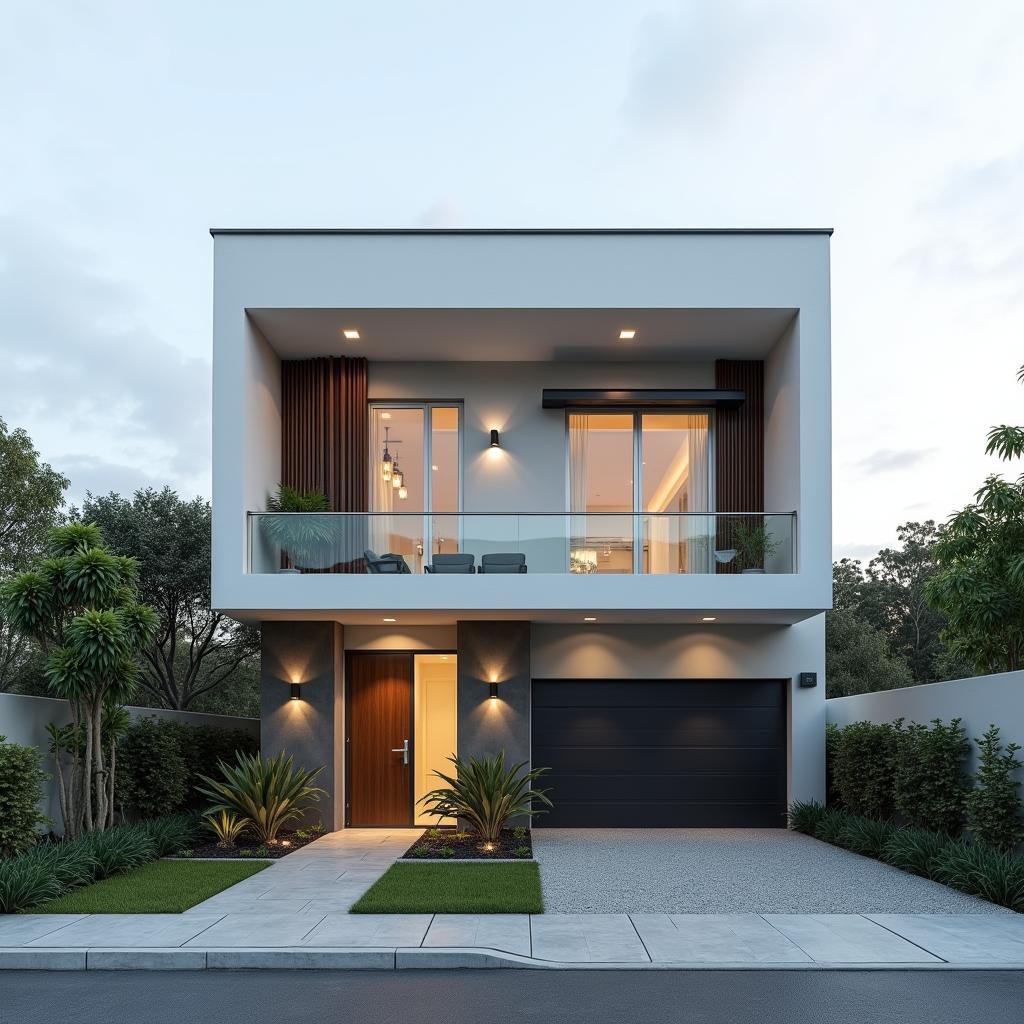 Mẫu nhà 2 tầng mặt tiền 8m phong cách tối giản với thiết kế vuông vắn, sử dụng vật liệu hiện đại.