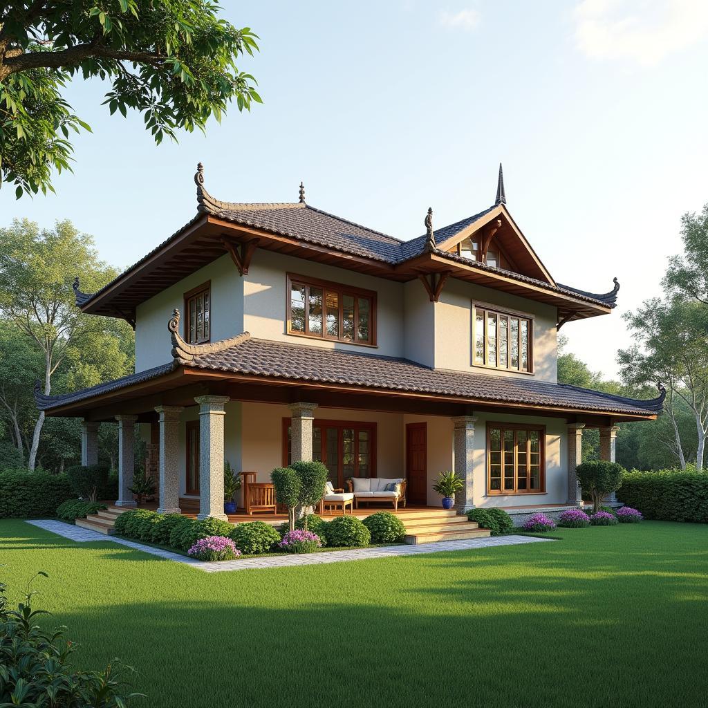 Mau nha 2 tang o nong thon co san vuon rong gia 800 trieu