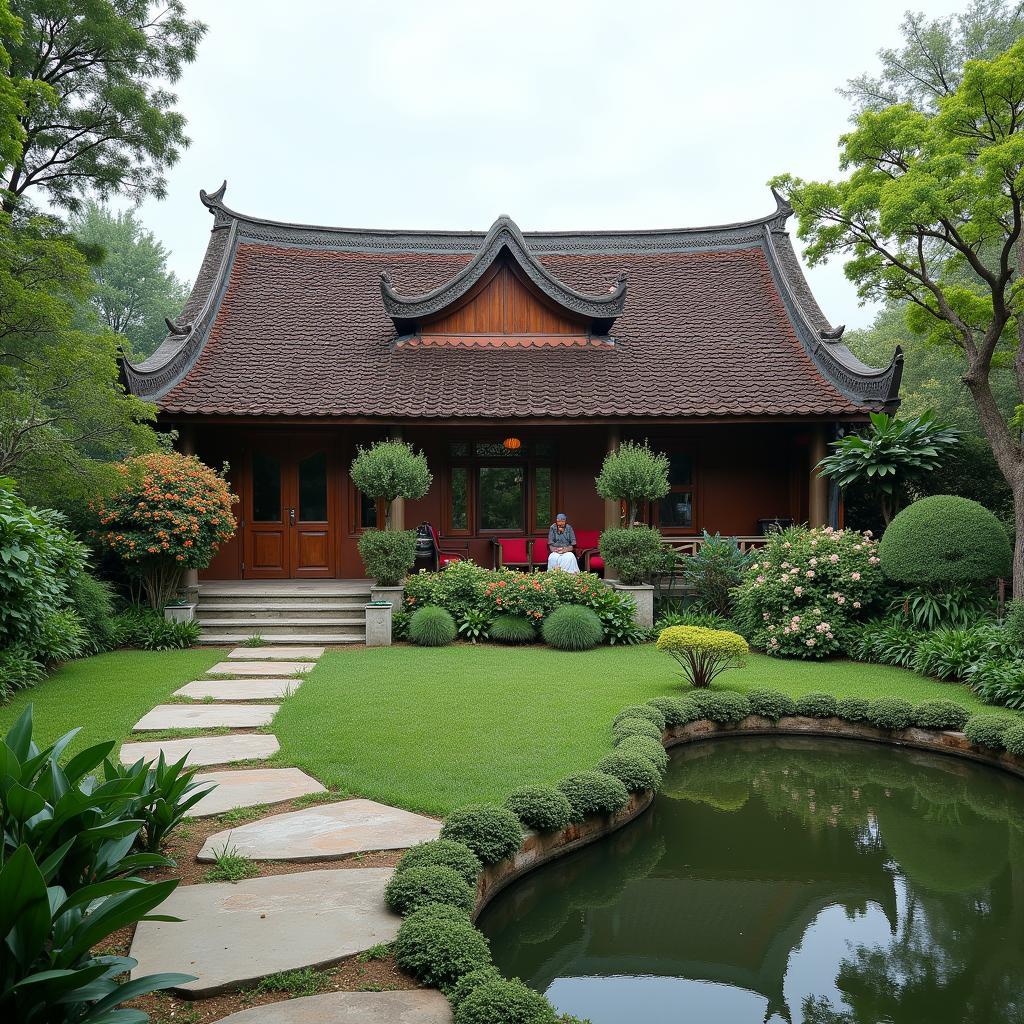 Mẫu nhà 3 gian mái ngói kết hợp sân vườn thoáng mát, tạo không gian sống xanh mát và hài hòa với thiên nhiên