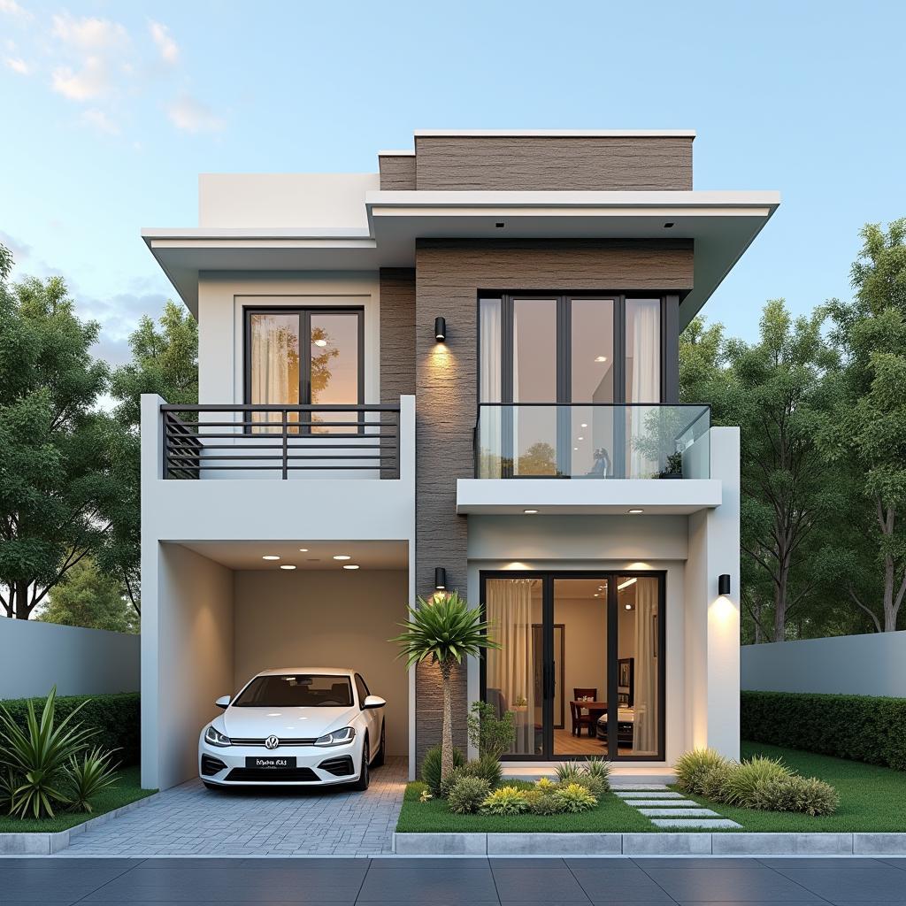 Mẫu nhà 3 tầng mặt tiền 6m có gara ô tô, thiết kế tiện nghi, phù hợp với gia đình có xe hơi