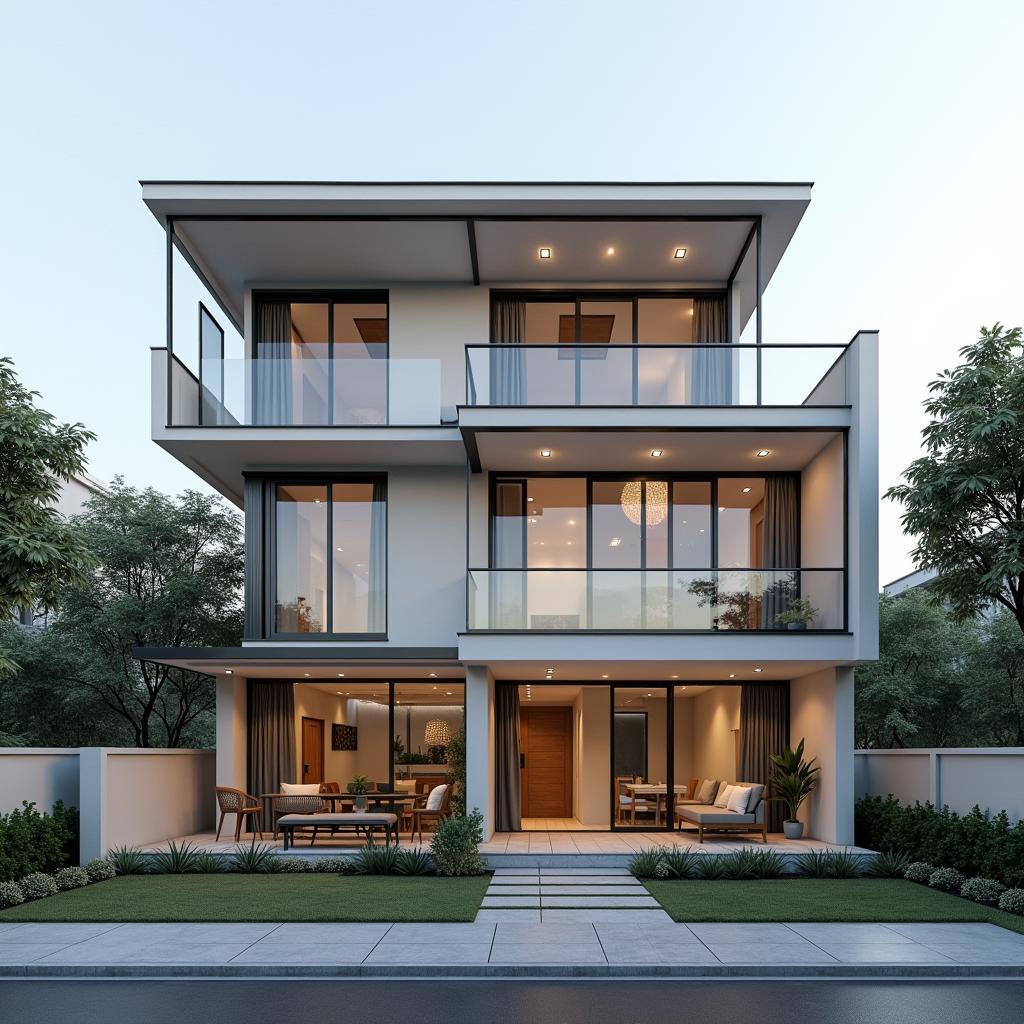 Mẫu nhà 3 tầng mặt tiền 6m phong cách hiện đại với thiết kế tối giản, sử dụng nhiều kính và gam màu trung tính