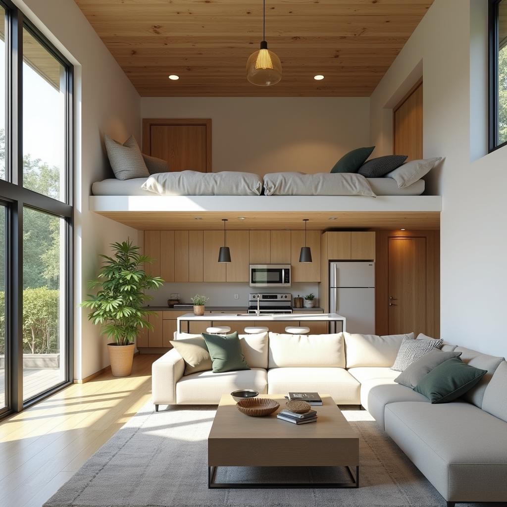 Mẫu nhà 5x20 1 tầng có gác lửng thông thoáng tận dụng tối đa ánh sáng tự nhiên