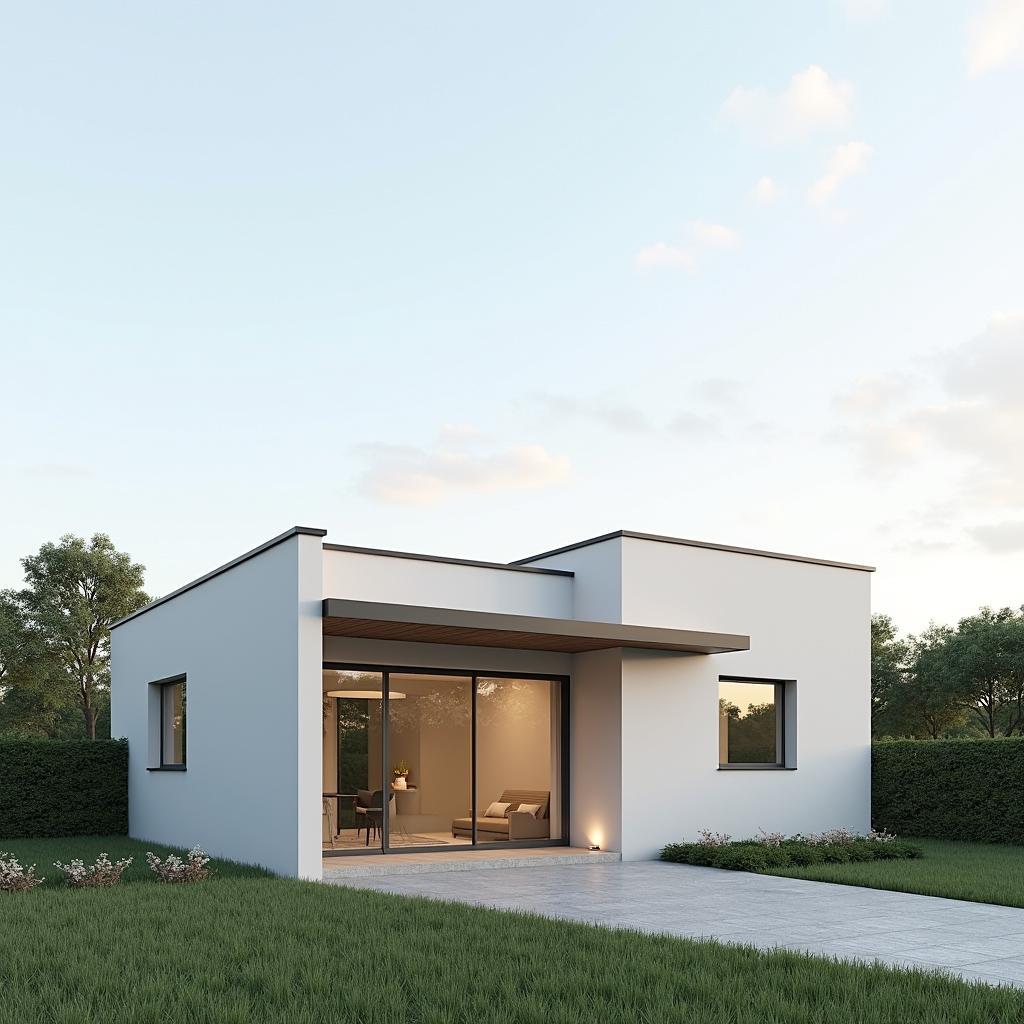 Mẫu nhà 5x20 1 tầng mái bằng tối giản với thiết kế vuông vắn và gam màu trung tính