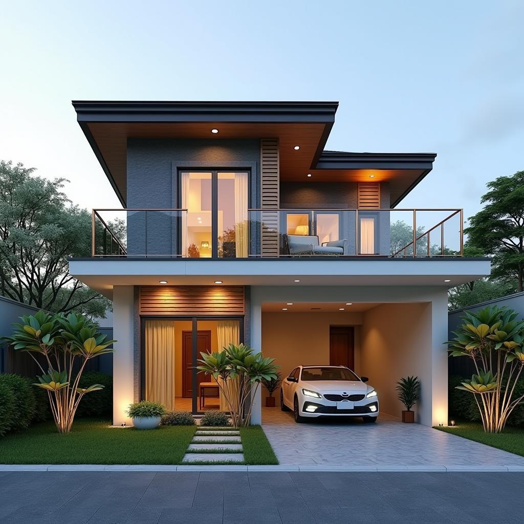 Mẫu nhà 5x20 1 tầng mái Thái hiện đại với thiết kế mặt tiền ấn tượng và gam màu sáng