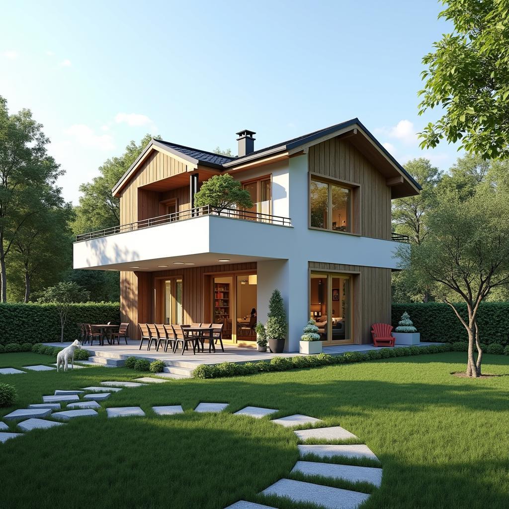 Ảnh chụp mẫu nhà 6x18m 2 tầng có thiết kế sân vườn rộng rãi, nhiều cây xanh và không gian vui chơi cho trẻ em