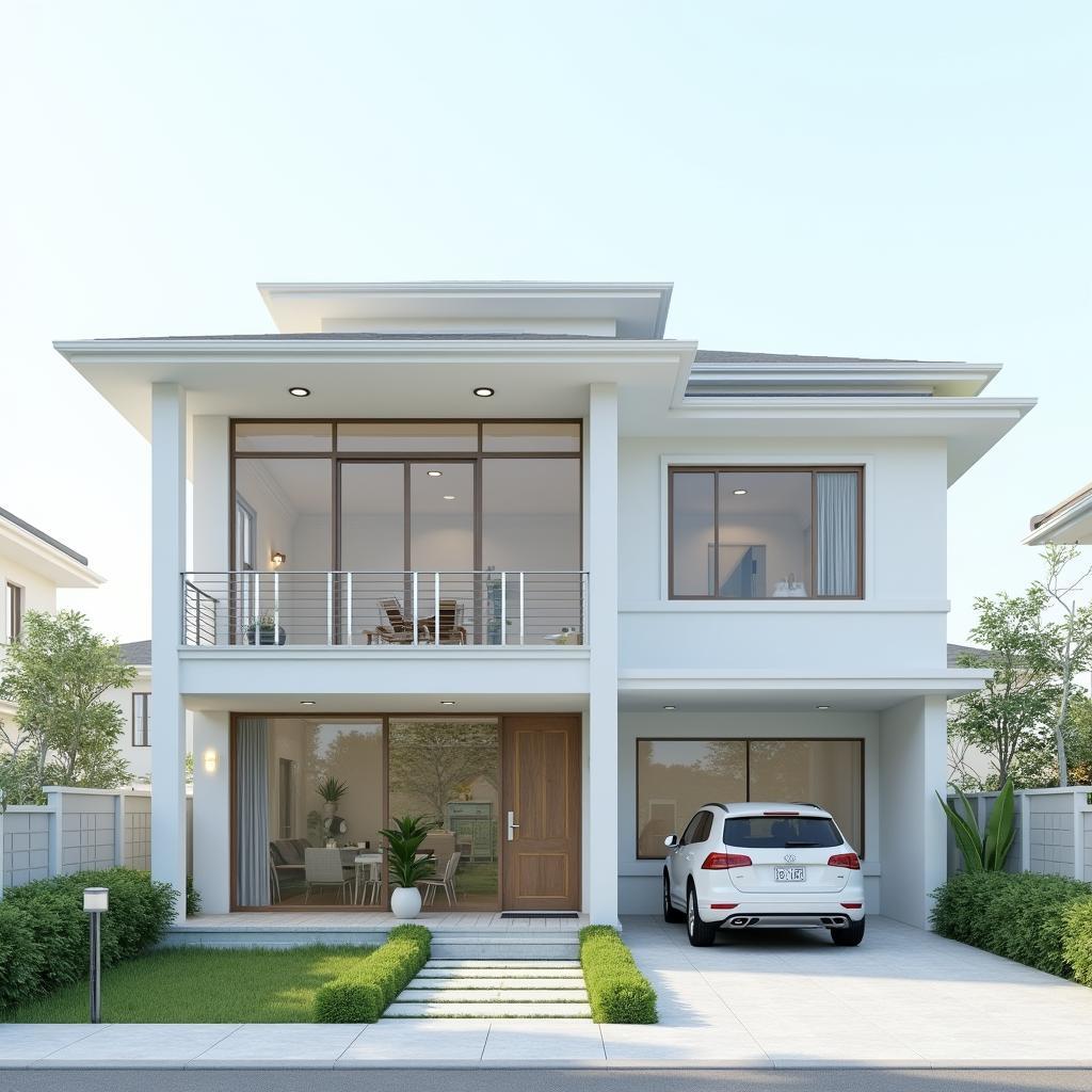 Phối cảnh 3D mẫu nhà 6x18m 2 tầng mái Nhật hiện đại với tông màu trắng chủ đạo và hệ thống cửa kính lớn