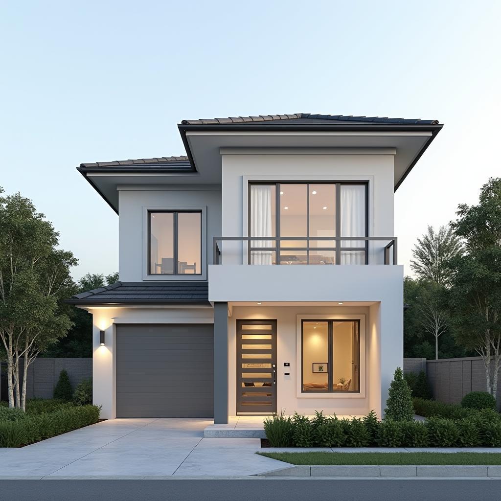 Hình ảnh mặt tiền mẫu nhà 6x18m 2 tầng thiết kế theo phong cách tối giản, sử dụng các đường nét vuông vắn và vật liệu đơn giản