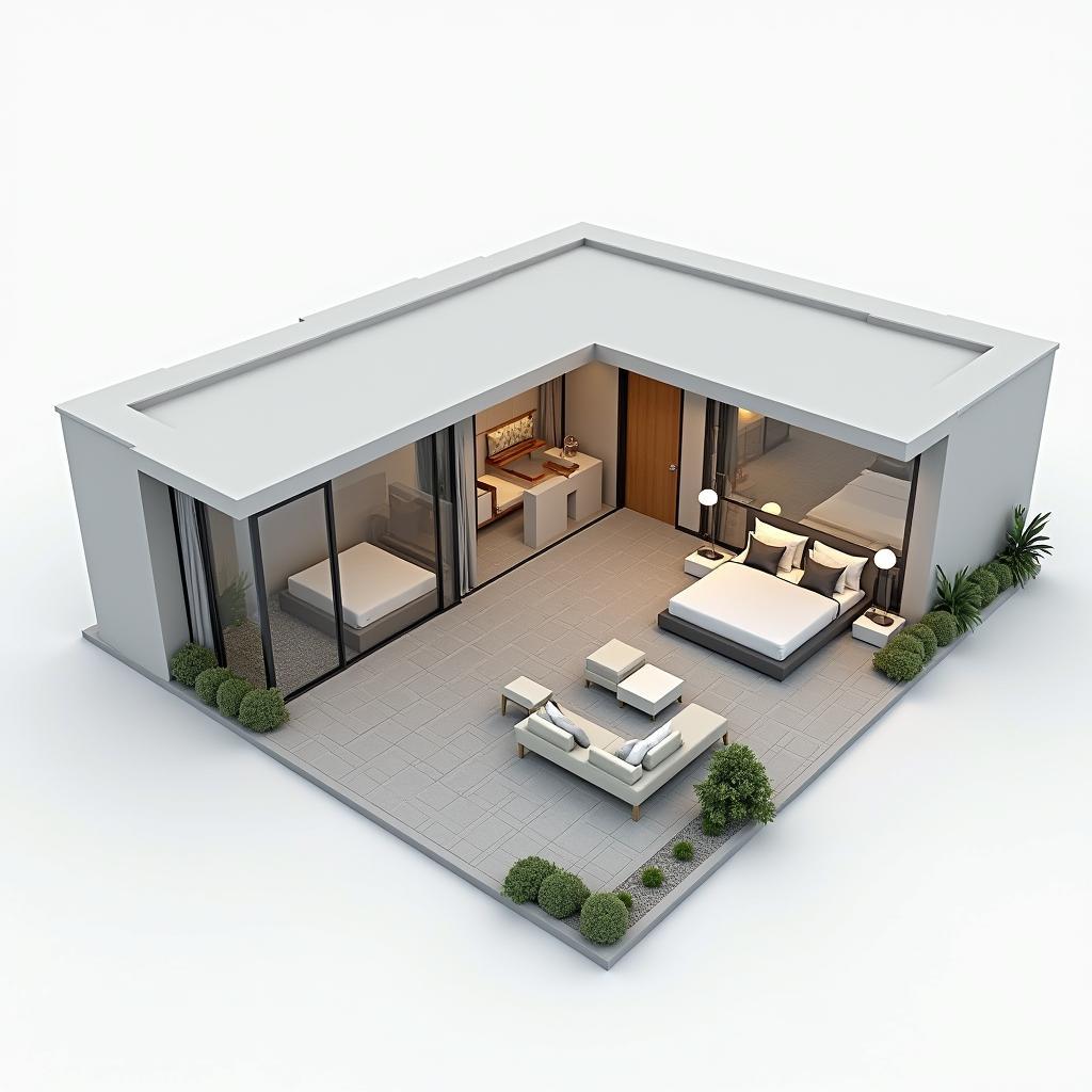 Mẫu nhà chữ L 1 tầng 3 phòng ngủ hiện đại mái bằng, kiến trúc độc đáo, ấn tượng