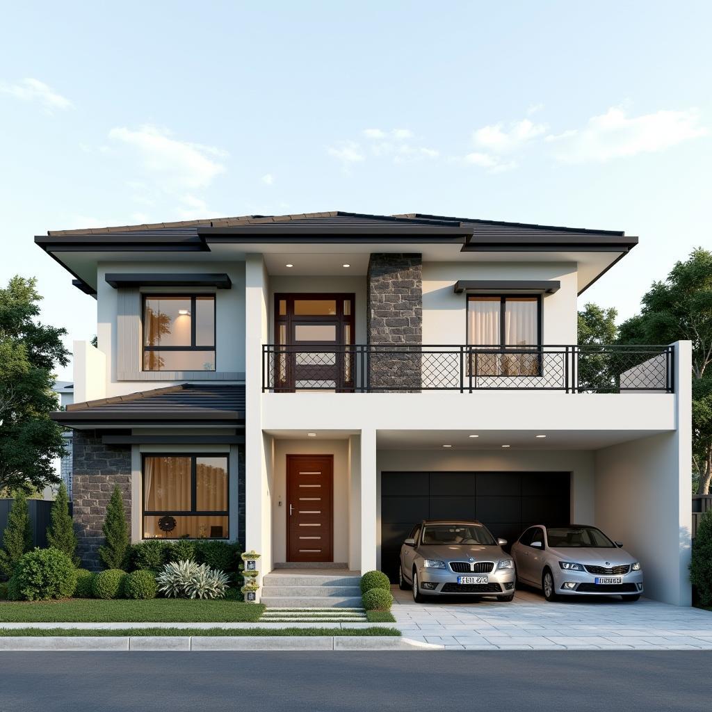 Mẫu nhà chữ L 2 tầng hiện đại có gara ô tô tiện lợi