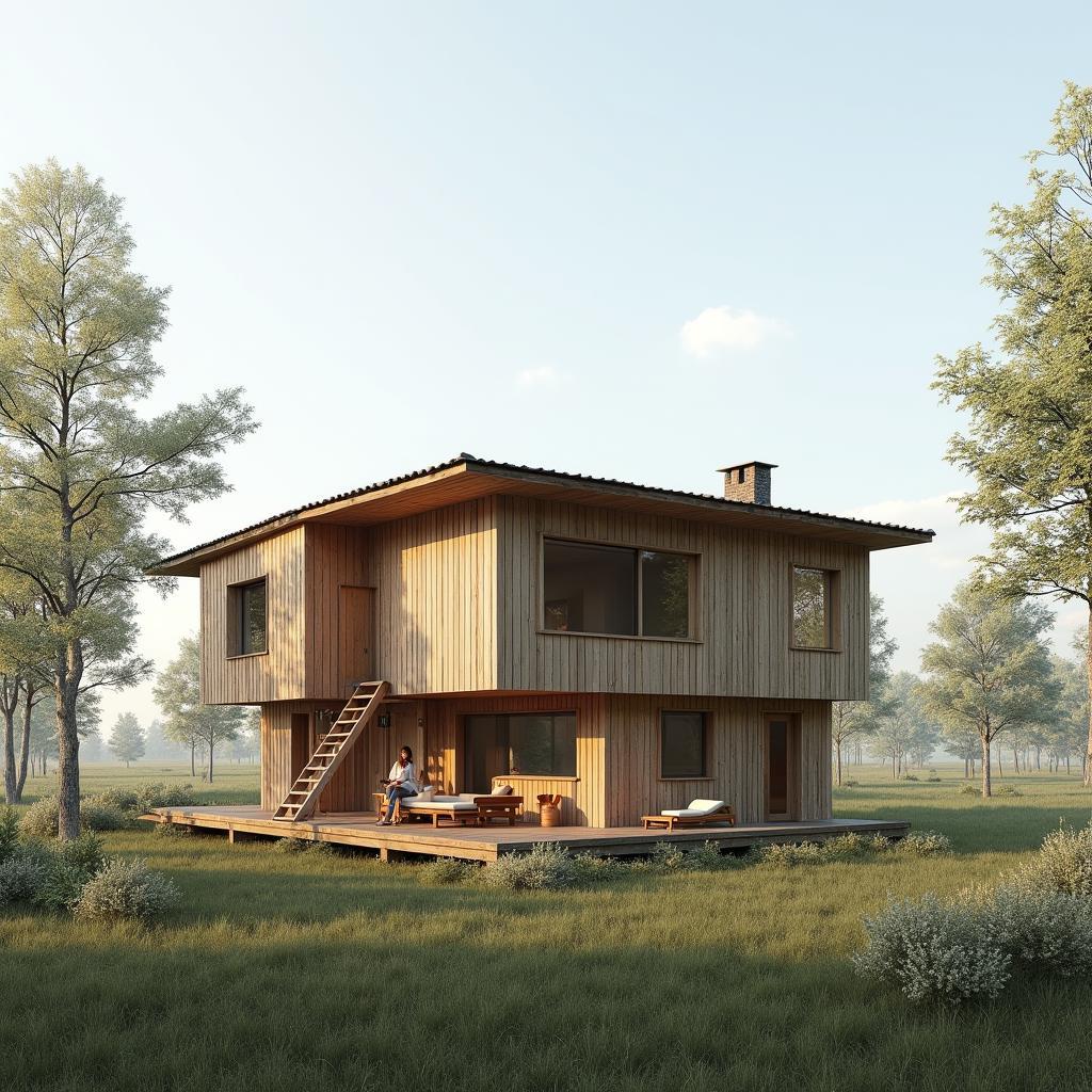 Mau nha lap ghep 2 tang nong thon gian di gan gui thien nhien, su dung vat lieu tu nhien