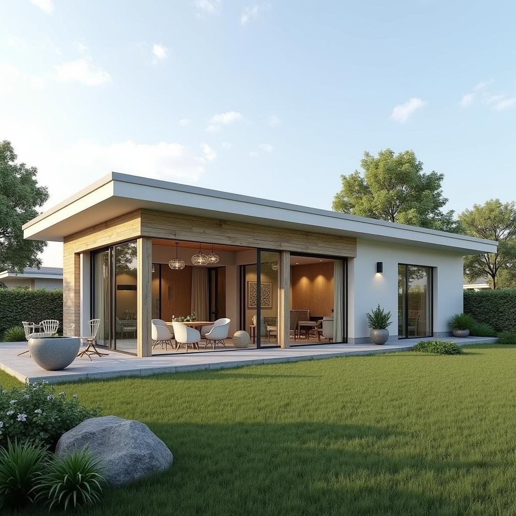 Mẫu nhà 1 tầng chữ L độc đáo, thiết kế thông thoáng, tận dụng tối đa ánh sáng tự nhiên, phù hợp với gia đình yêu thích không gian mở và sự sáng tạo