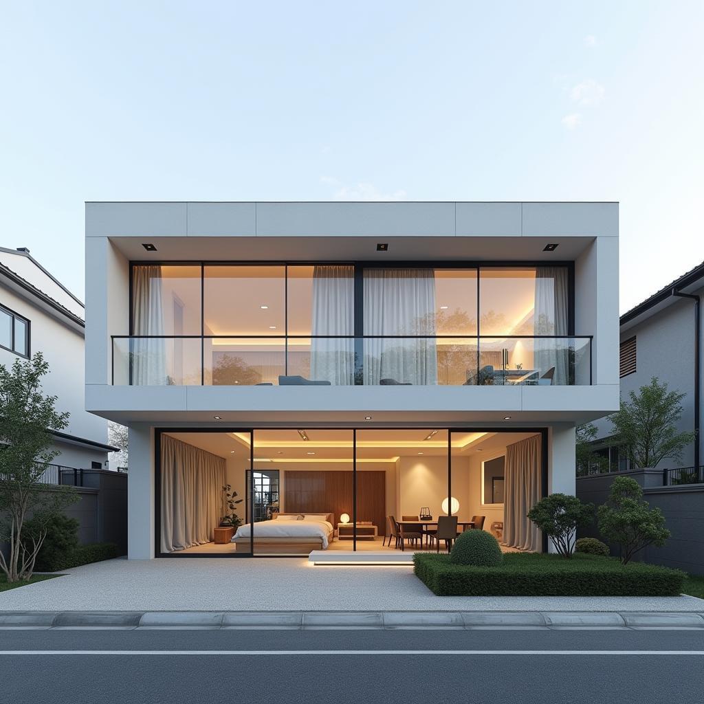 Mẫu nhà ngang 7m mái Nhật hiện đại, thiết kế tối giản, sử dụng nhiều kính, tạo không gian mở