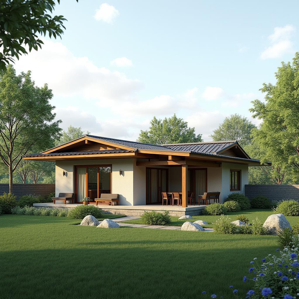 Mẫu nhà ngang 7m một tầng đơn giản ở nông thôn, có sân vườn rộng, hòa mình với thiên nhiên