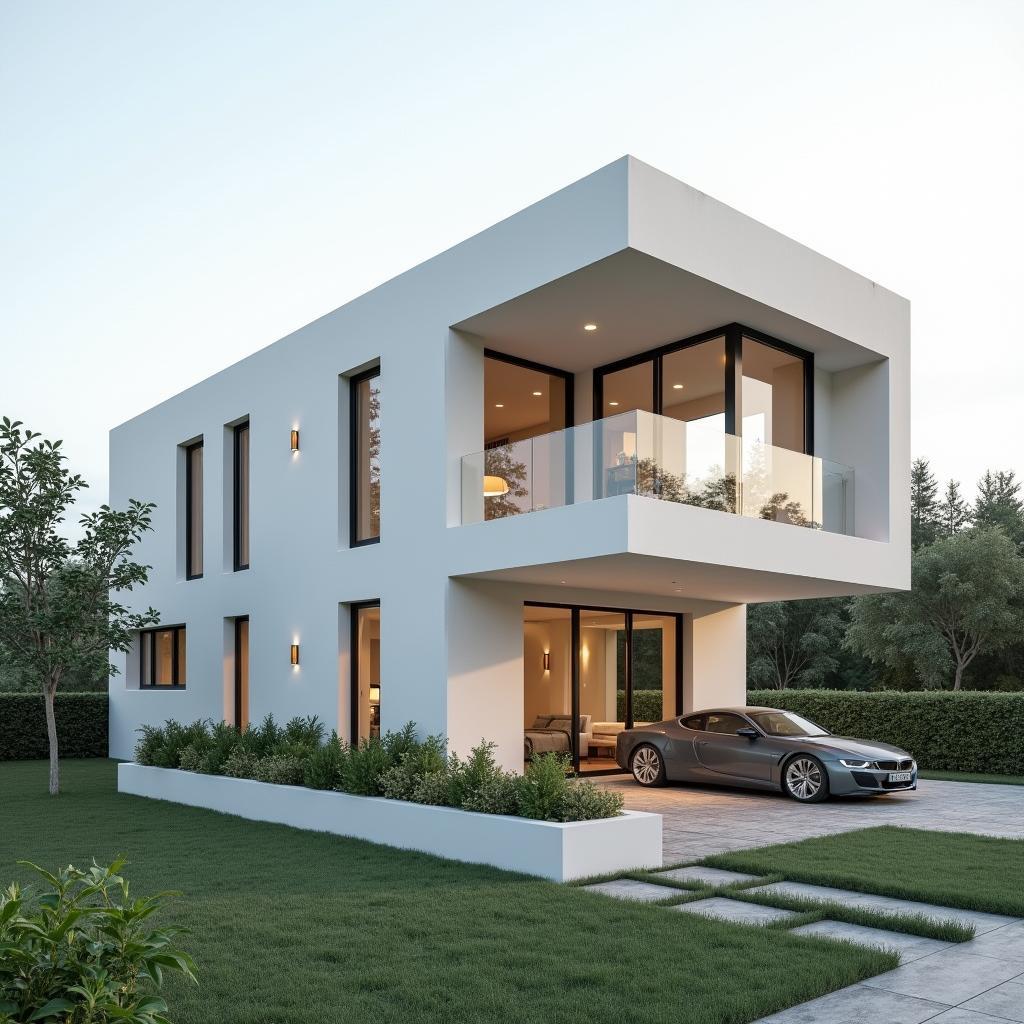 Mẫu nhà ống 2 tầng mái bằng hiện đại với thiết kế vuông vắn, tối giản, sử dụng màu sắc trung tính