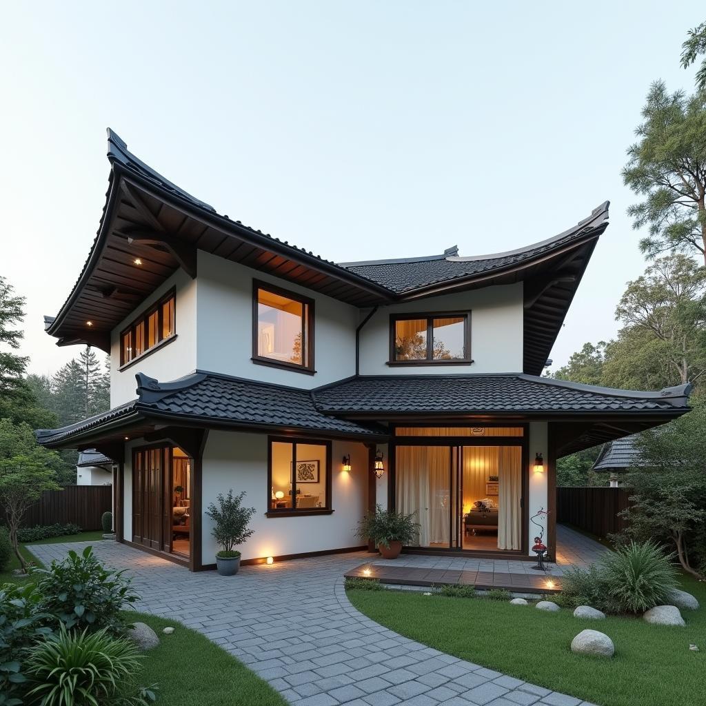 Mẫu nhà ống 2 tầng mái Nhật thanh lịch với thiết kế mái dốc nhẹ nhàng, màu sắc hài hòa, trang nhã