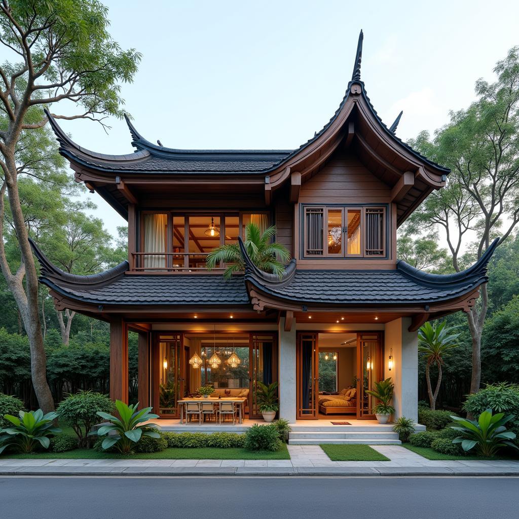 Mẫu nhà ống 2 tầng mái Thái đẹp mắt, thiết kế truyền thống, phù hợp với văn hóa Việt Nam