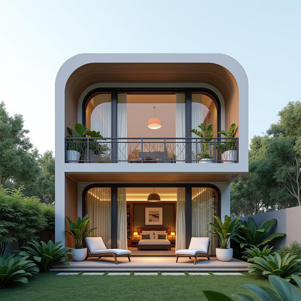 Mẫu nhà ống 2 tầng mặt tiền 5m mái thái có ban công rộng, thiết kế thoáng đãng, tạo không gian thư giãn, ngắm cảnh.