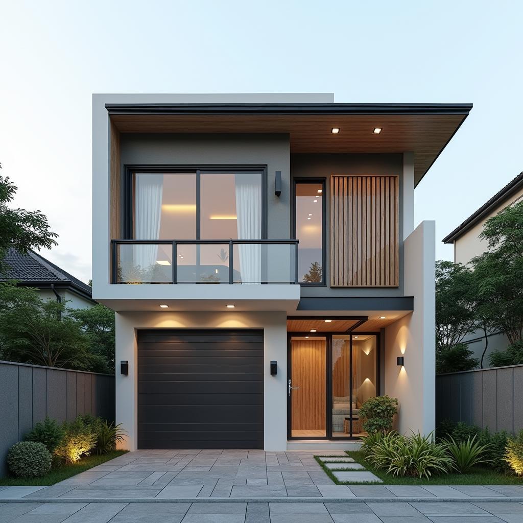 Mẫu nhà ống 2 tầng mặt tiền 5m mái thái có gara ô tô, thiết kế hiện đại, tiện nghi, phù hợp với gia đình có xe hơi.