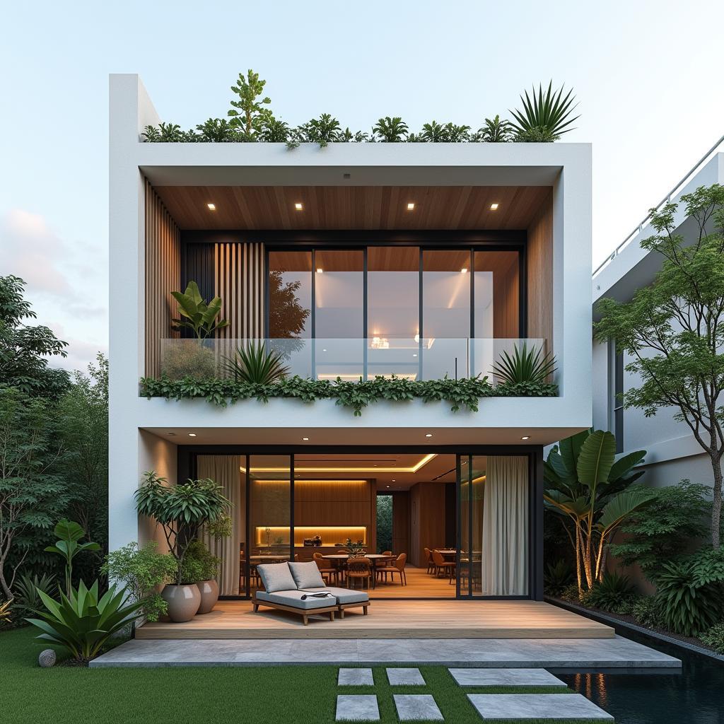 Mẫu nhà ống 2 tầng mặt tiền 5m mái thái có sân thượng, thiết kế hiện đại, tối ưu không gian sống, tạo không gian thư giãn ngoài trời.