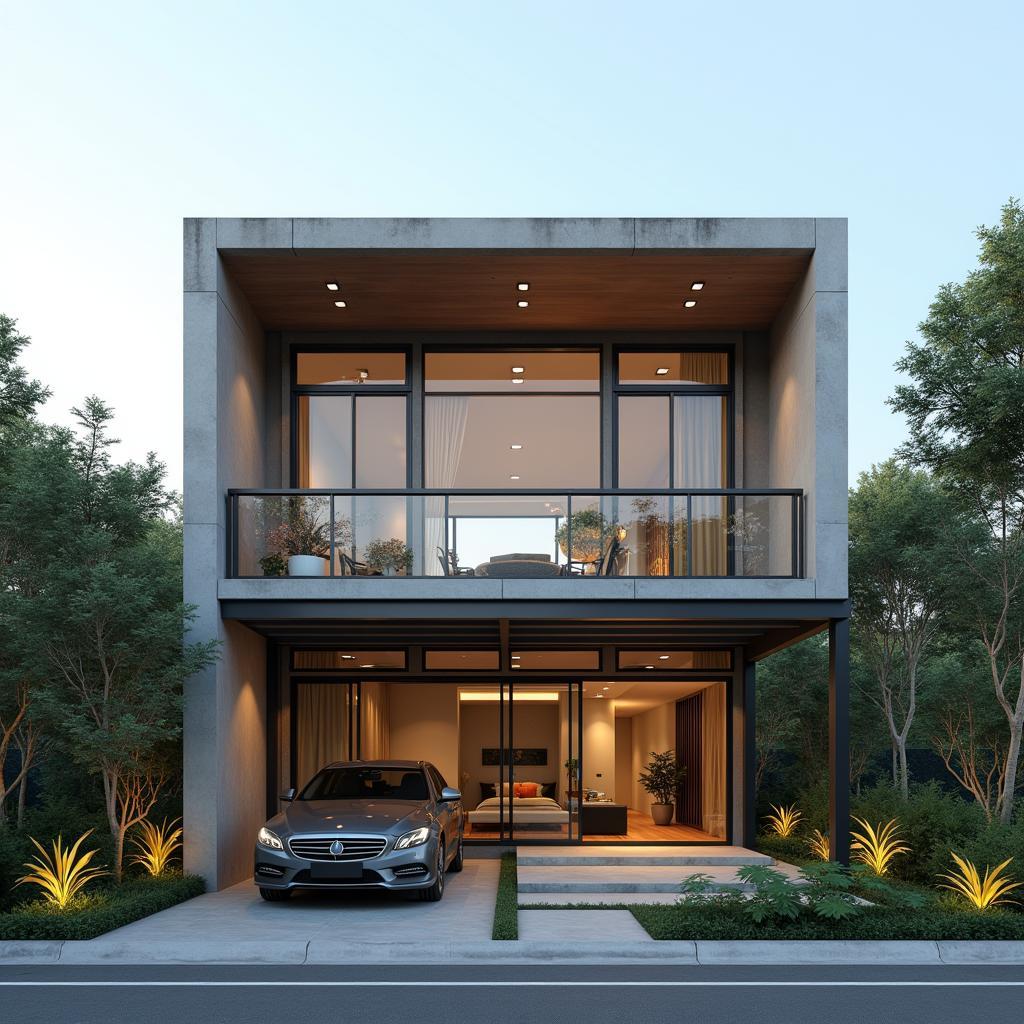 Mẫu nhà ống 2 tầng mặt tiền 5m mái thái phong cách hiện đại, thiết kế đơn giản, tinh tế, sử dụng vật liệu kính và gỗ.