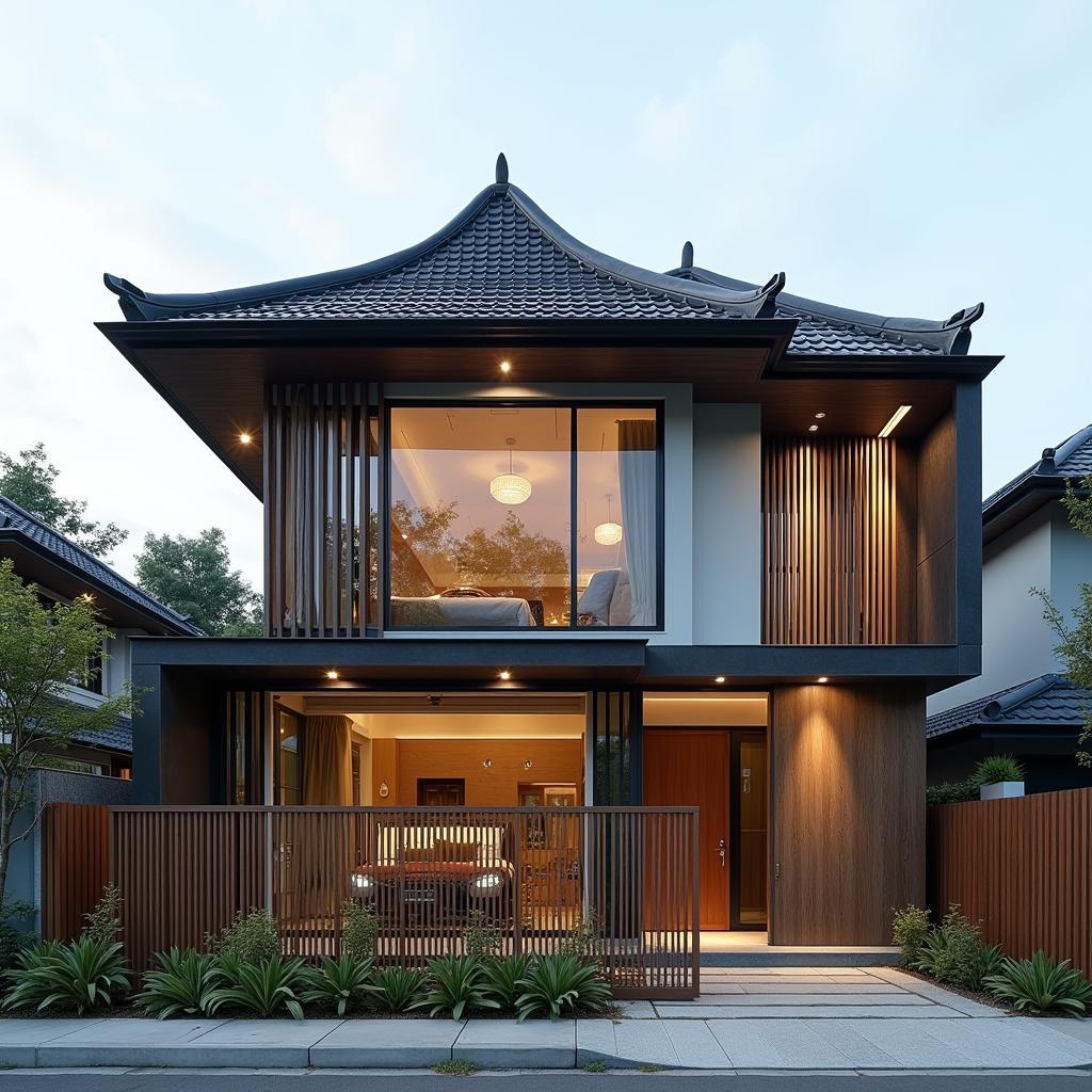 Mẫu nhà ống 2 tầng mặt tiền 5m mái thái kết hợp mái Nhật, thiết kế độc đáo, hài hòa, mang đậm phong cách Á Đông.