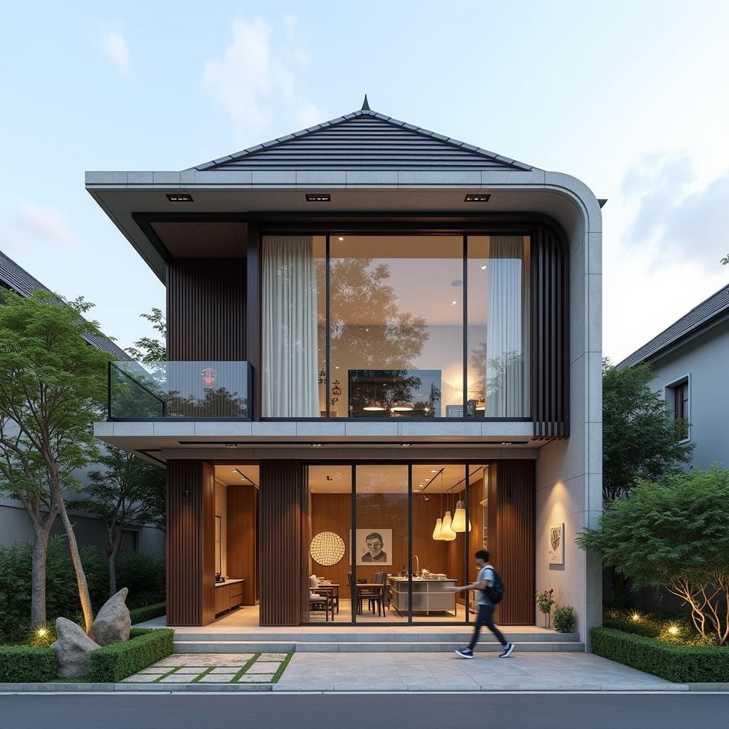 Mẫu nhà ống 2 tầng mặt tiền 5m mái thái có không gian kinh doanh, thiết kế thông minh, tối ưu hóa diện tích sử dụng cho cả sinh hoạt và kinh doanh.