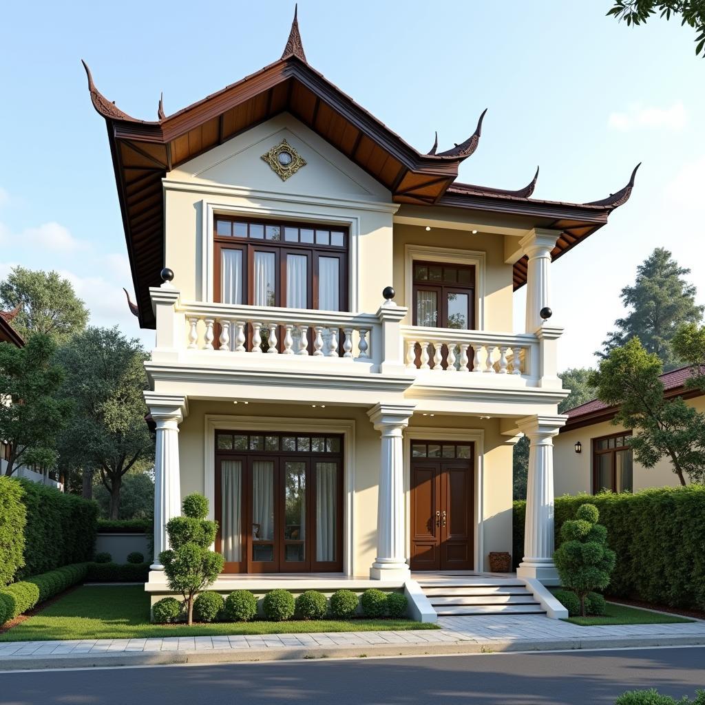 Mẫu nhà ống 2 tầng mặt tiền 5m mái thái phong cách tân cổ điển, sử dụng các chi tiết phào chỉ, cột giả, màu sắc trang nhã.