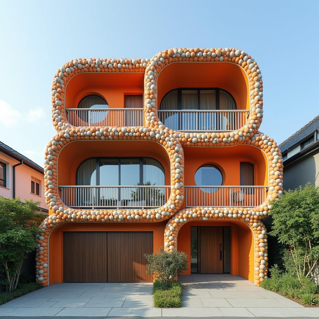 Mặt tiền nhà ống 3 tầng mái Nhật với thiết kế hiện đại, sử dụng màu sắc tươi sáng, tạo điểm nhấn bằng các chi tiết trang trí độc đáo