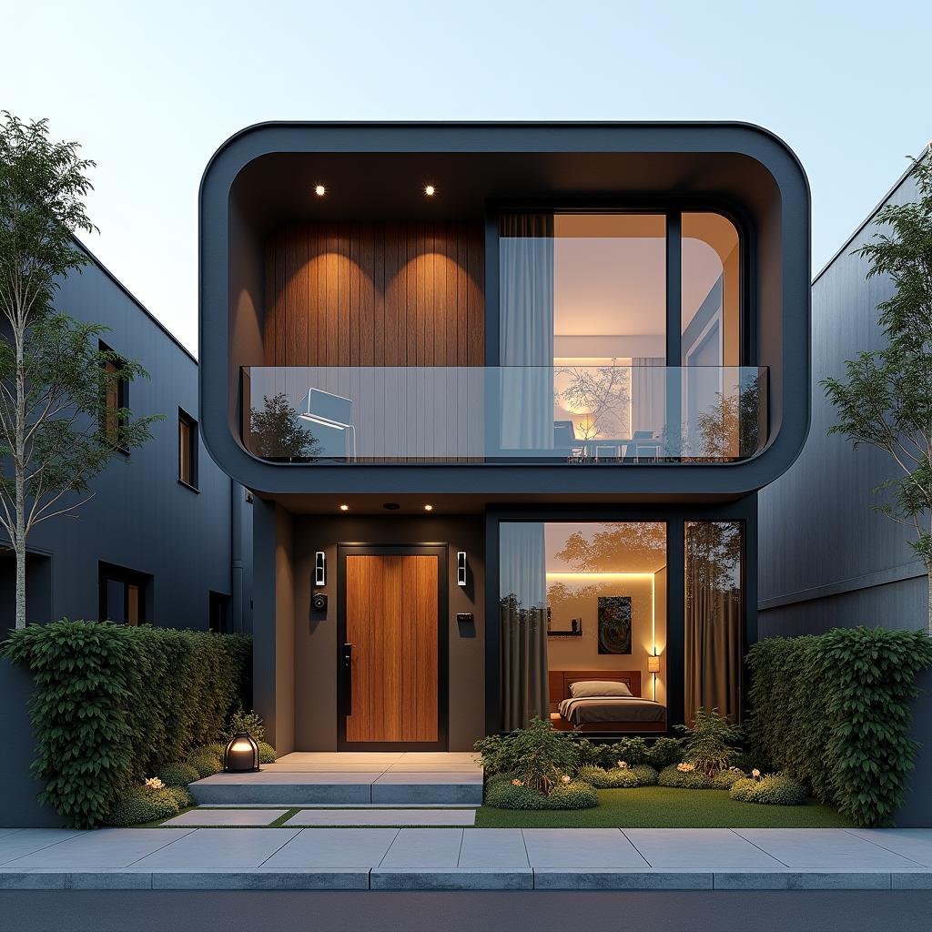 Mặt tiền nhà ống 3 tầng hiện đại với mặt tiền 5m, thiết kế đơn giản nhưng tinh tế, sử dụng các vật liệu hiện đại như kính và gỗ