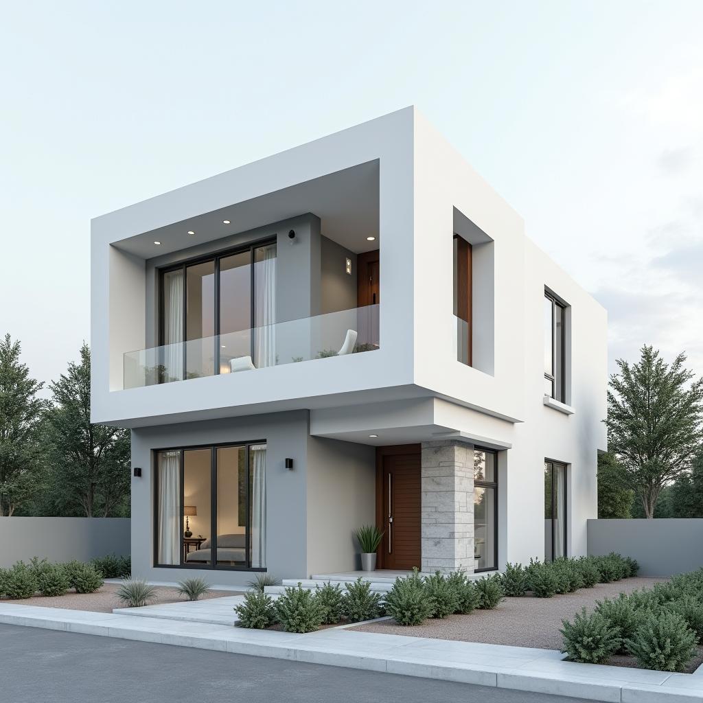 Mặt tiền nhà ống 3 tầng phong cách tối giản với thiết kế vuông vắn, sử dụng tông màu trắng và xám chủ đạo, mang đến vẻ đẹp hiện đại và thanh lịch