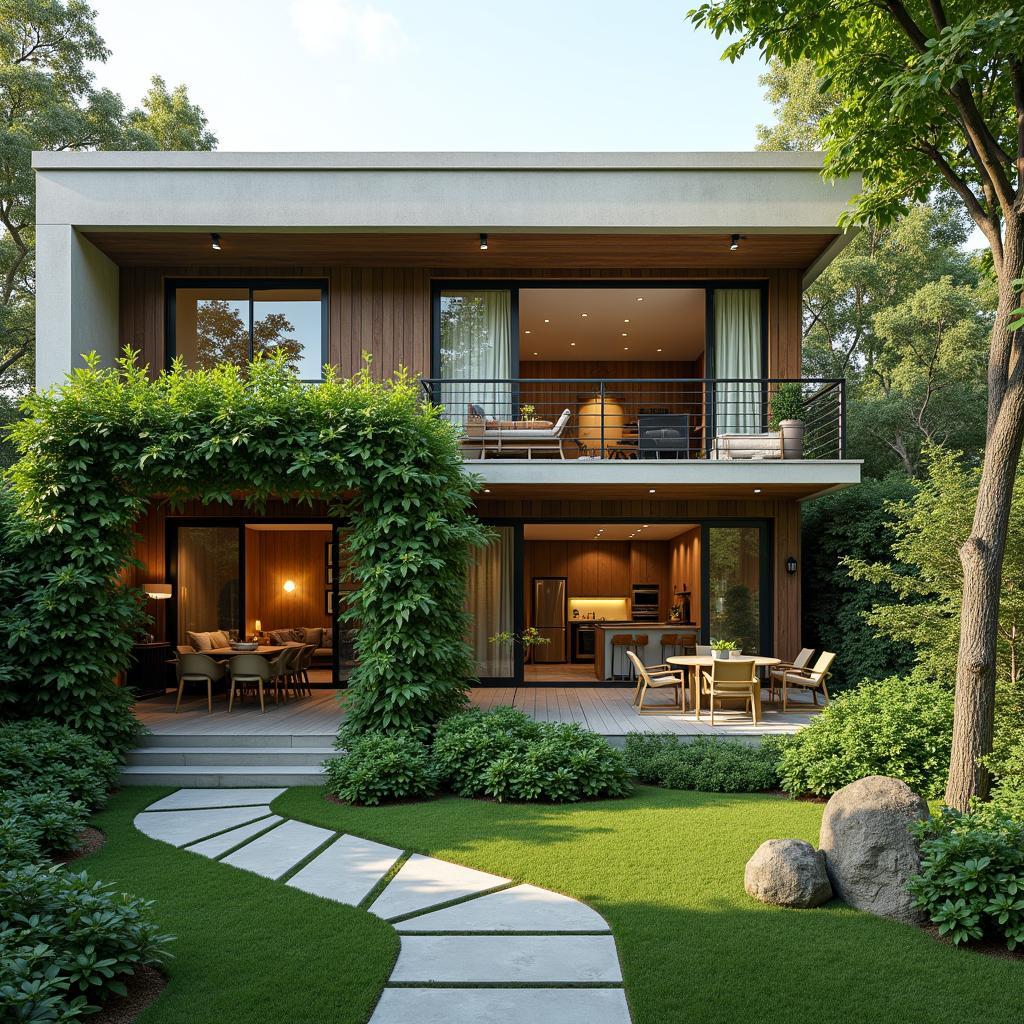 Mẫu nhà phố 2 tầng có sân vườn xanh mát, tạo không gian sống gần gũi với thiên nhiên, mang lại cảm giác thư giãn, thoải mái.