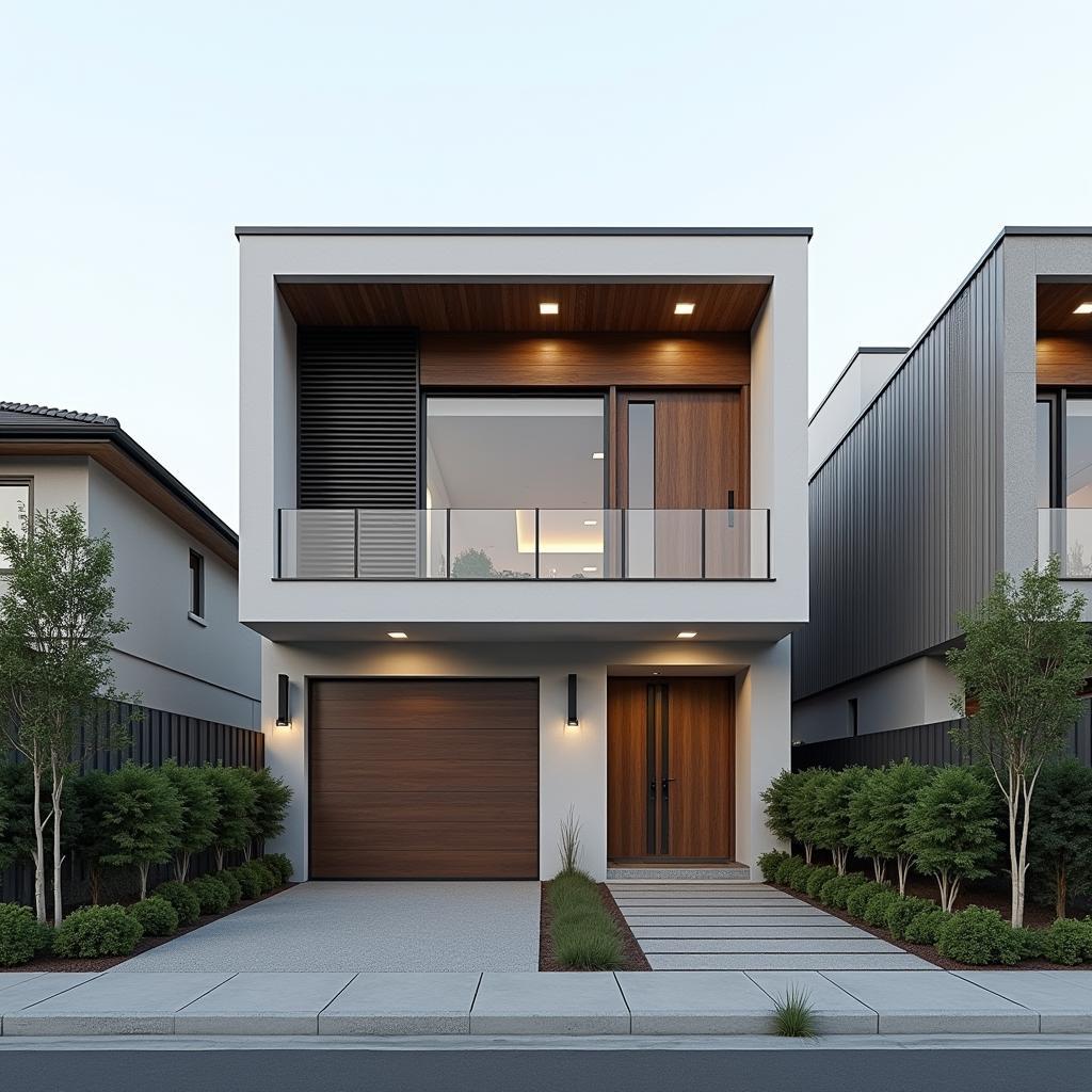 Mẫu nhà phố 2 tầng mái bằng với mặt tiền hiện đại, sử dụng vật liệu kính và gỗ để tạo điểm nhấn, thiết kế tối giản.