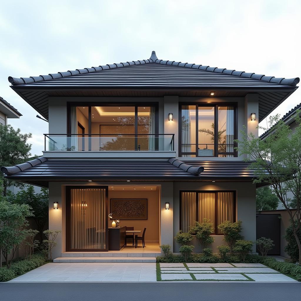 Mẫu nhà phố 2 tầng mái nhật với thiết kế thanh lịch, mái có độ dốc vừa phải, phù hợp với khí hậu Việt Nam.