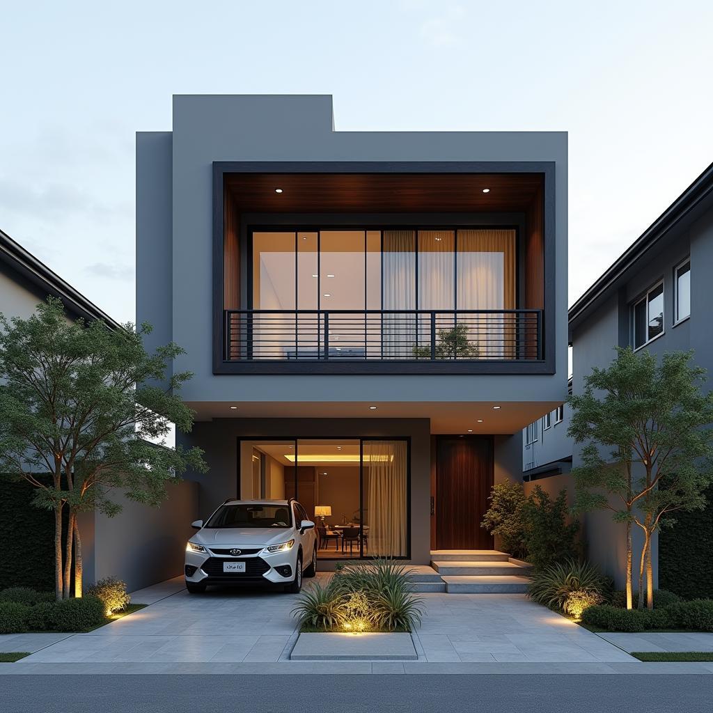 Mẫu nhà phố 2 tầng mặt tiền 5m, thiết kế giật cấp độc đáo, sử dụng vật liệu tương phản để tạo hiệu ứng thị giác mạnh mẽ.