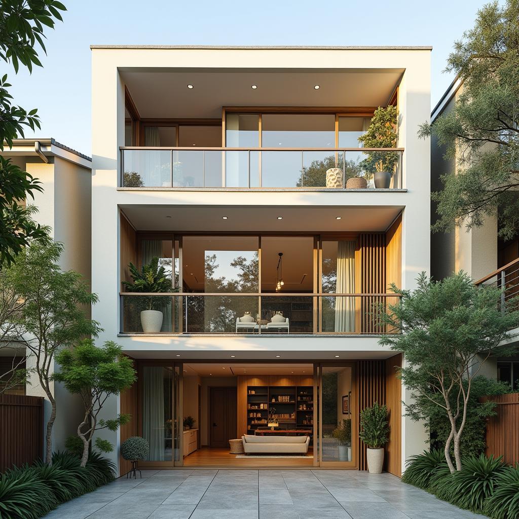 Mẫu nhà phố 3 tầng có giếng trời giúp lấy sáng và thông gió tự nhiên, tạo không gian sống thông thoáng và gần gũi với thiên nhiên, mang đến cảm giác thoải mái và thư giãn cho gia đình.