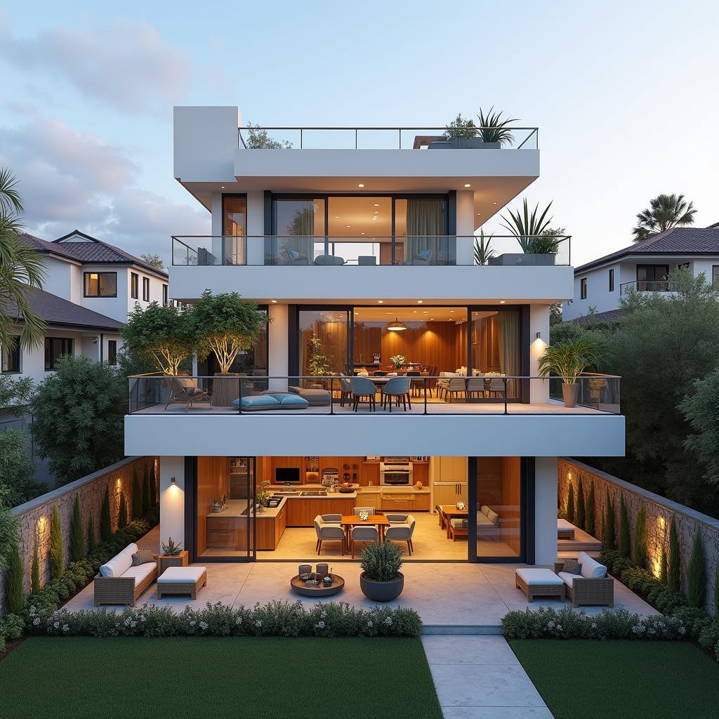 Mẫu nhà phố 3 tầng có sân thượng rộng rãi, là không gian lý tưởng để thư giãn, ngắm cảnh và tổ chức các buổi tiệc ngoài trời, mang đến trải nghiệm sống tiện nghi và thoải mái.